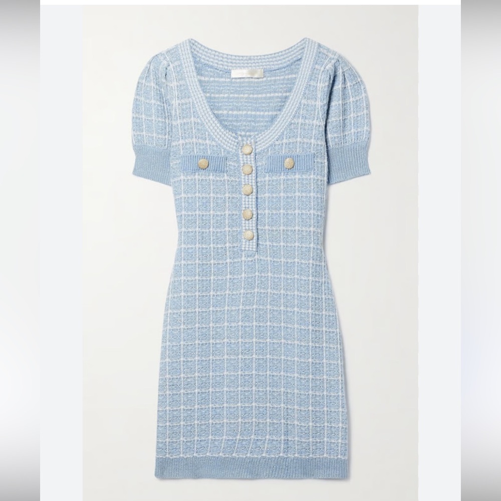 LoveShackFancy Light Blue and White Knit Tweed Cardigan
